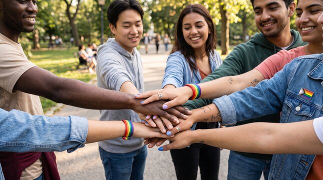 Diverse LGBTQ+ Young People Stacking Hands in Support and Unity