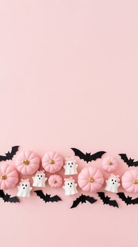 cute pink halloween pumpkins and ghost decorations with black paper bats on pastel pink background