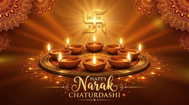 Radiant Narak Chaturdashi Celebration with Golden Lights and Diyas.