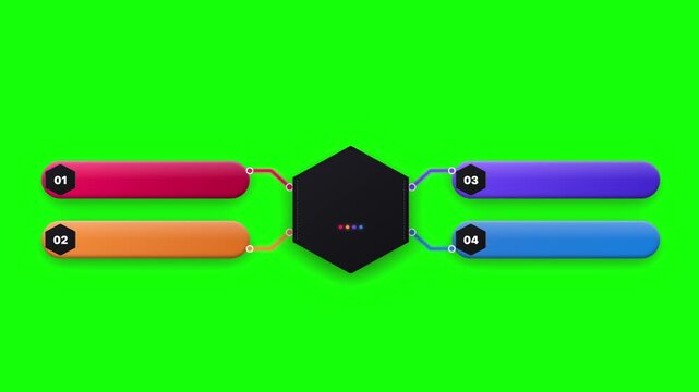 Colorful infographic template with a central hexagon and four connected nodes for business animation and data visualization