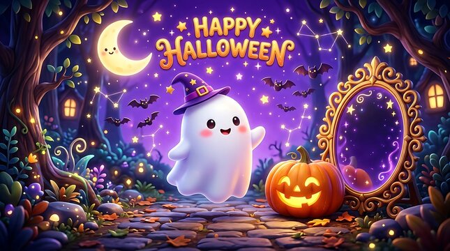 Cute ghost in witch hat with pumpkin and moon for halloween