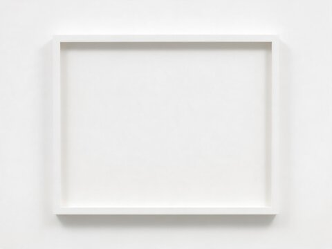 A front-facing view of a blank, horizontal white shadowbox picture frame hanging isolated on a smooth white wall, presented as a clean minimalist artwork mockup.