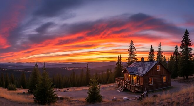 A rustic wooden cabin sits on a hillside during a vibrant orange sunset