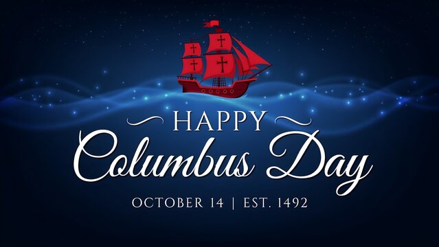 Red caravel ship silhouette sailing over glowing blue wave abstract background honors columbus day historical voyage discovery with elegant typography design assets.