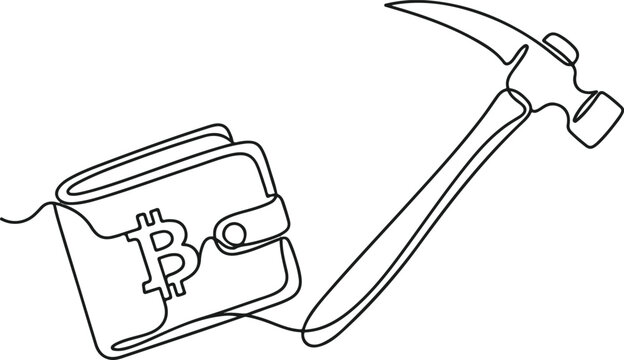 Continuous line art of hammer and wallet with crypto symbol