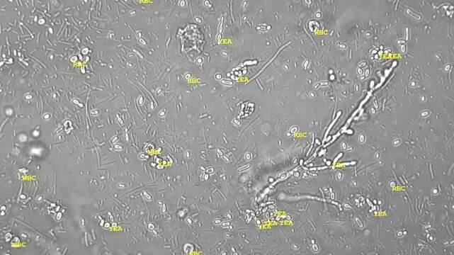 Urine analysis under microscopic examination showing yeast infection, budding yeast