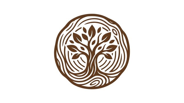 Stylized tree of life vector icon enclosed in a circular wooden texture frame. Abstract organic logo design representing nature, growth, and genealogy isolated on a white background