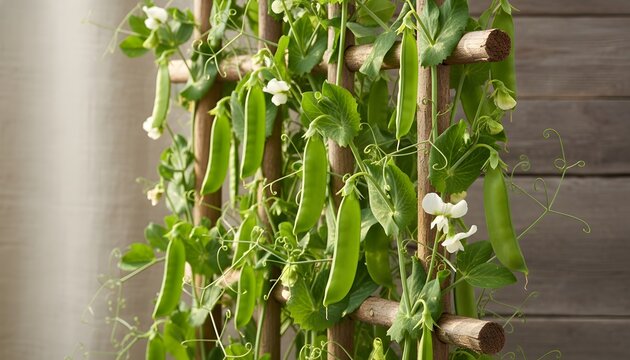 Fresh green climbing peas growing on a rustic wooden trellis in an organic home garden for sustainable agriculture and healthy food concept