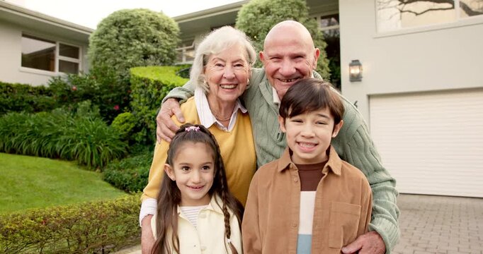 Face, grandparents and kids outdoor with smile, love and parental support for quality time. Portrait, old people and embrace at house with children, babysitting weekend and bonding for family fun