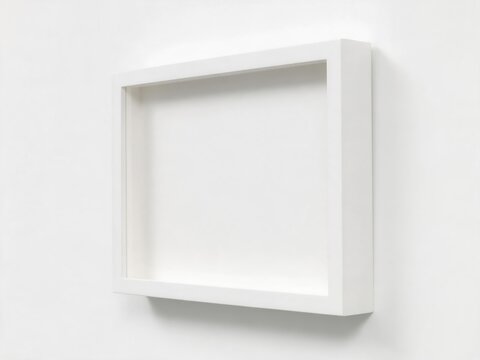 A side-angle perspective view of a blank, horizontal deep white shadowbox picture frame mounted on a clean white wall, presented as a modern artwork mockup.