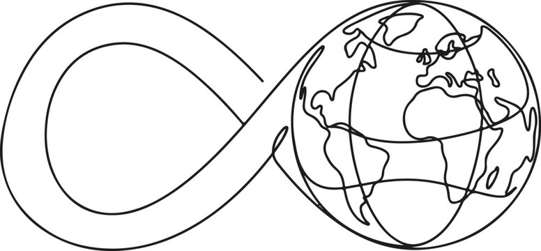 Continuous line drawing of infinity symbol merging with globe