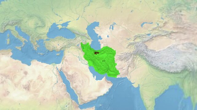 Map highlighting iran and its capital tehran within the middle east region with the map covers