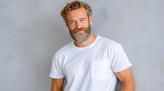 Groomed bearded man minimal lifestyle portrait in white shirt against gray wall for background and banner design