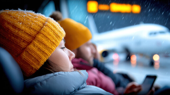 Flight delay at airport with tired winter passengers waiting in coats and beanies by the window for rescheduled departures and travel disruption updates