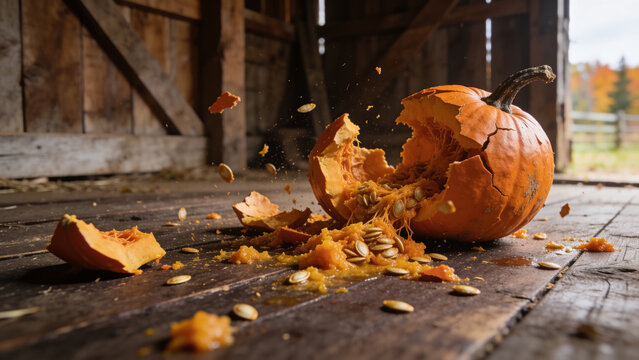 Smashed Halloween Pumpkin Exploding on Rustic Barn Floor, Dramatic Autumn Scene