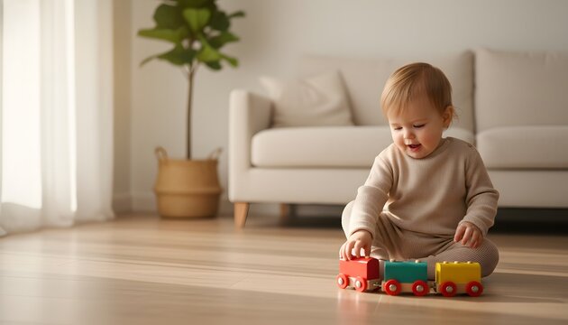 Sweet toddler sitting next to toy train on the warm wooden floor in a sunny living room, enjoying playtime for early childhood learning and development concept