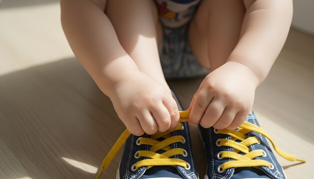 Close-up view of a baby toddler playing with shoelaces on blue sneakers on the floor for childhood learning and independence concept