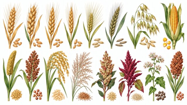Detailed botanical illustration of various cereal grains and crops on a pure white background