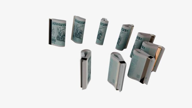 3D graphic clip featuring Algeria 100 DZD paper money stacks in smooth motion, studio backdrop with green screen. Best for financial infographics.