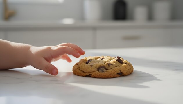 Curious little toddler hand reaching for sweet chocolate chip cookie on bright white kitchen countertop for temptation and innocence concept in morning light
