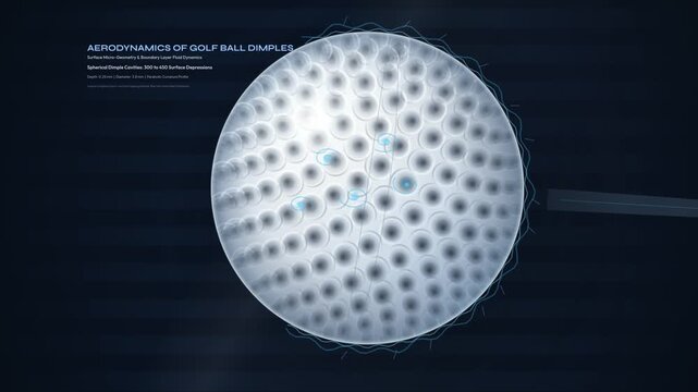 3D animation illustrating the aerodynamics of golf ball dimples featuring wind tunnel airflow simulation turbulent boundary layer separation and ballistic flight range multiplication