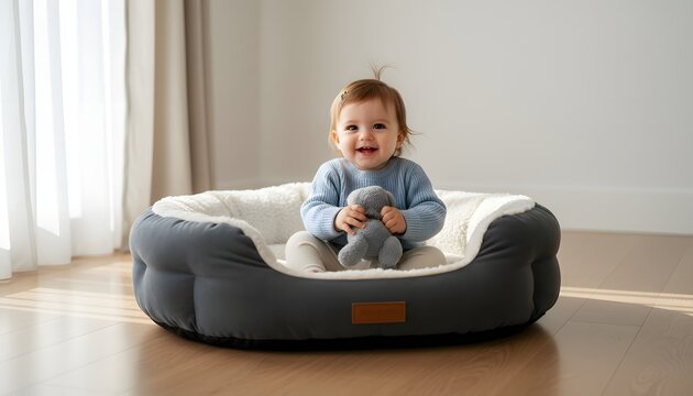 Cute happy toddler sitting in dog bed holding soft plush toy on hardwood floor inside bright sunny room for cozy domestic lifestyle and funny pet humor concept