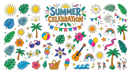 Fototapeta premium Summer Celebration Doodle Elements Isolated Transparent Background