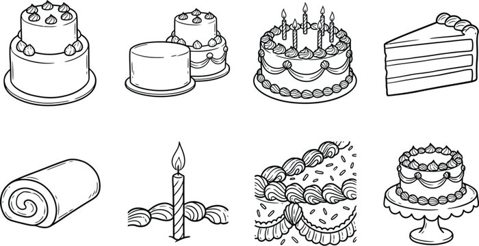 Delicious celebration cakes and desserts depicted in line art
