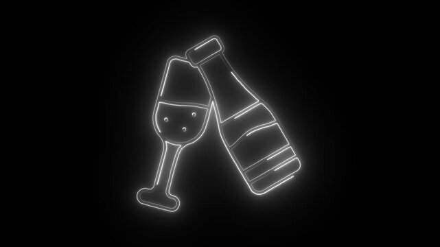 Glowing neon champagne icon isolated on black background. HD Video motion graphic animation