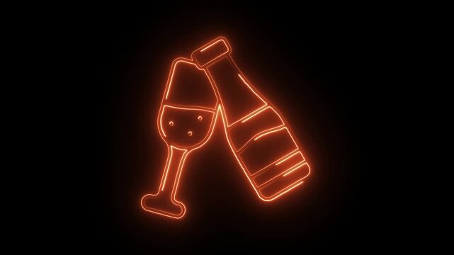 Glowing neon champagne icon isolated on black background. HD Video motion graphic animation