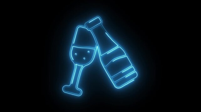 Glowing neon champagne icon isolated on black background. HD Video motion graphic animation