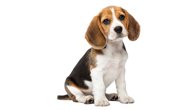 Cute small purebred beagle puppy dog sitting down isolated on transparent background.