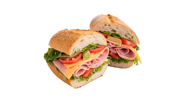 Two halves cut of fresh gourmet submarine sandwich panini isolated on transparent background.