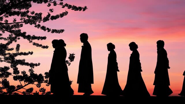 Silhouettes of monks in traditional robes walking in line at sunset. Figures moving past cherry blossom tree against pink and purple sky. Spiritual journey concept