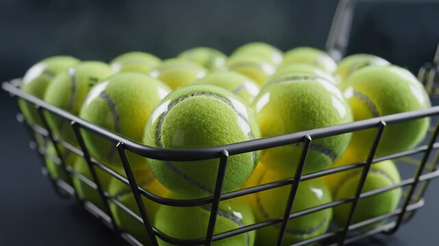 Close-up of tennis ball hopper filled with new tennis balls. Metal basket with yellow athletic balls on dark background. Sport training and equipment concept