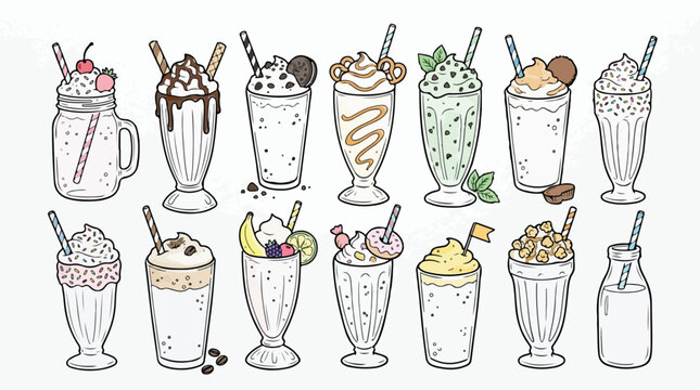 Doodle milkshake collection vector art. Sweet smoothie and cocktail sketch set. Hand drawn dessert drink clip art.
