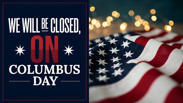 We will be closed on columbus day text on a navy blue background next to a blurred american flag and bokeh lights.