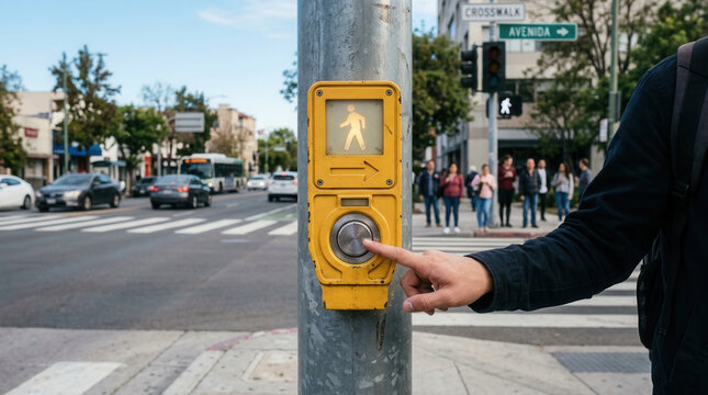 Pedestrian Pushing Walk Signal Button On Busy City Street