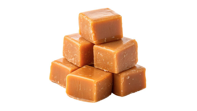 Small pile of sweet chewy golden caramel fudge cubes isolated on transparent background.