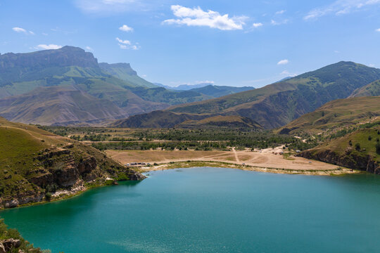 Panoramic view of Lake Gizhgit in Caucasus mountains in summer, Russia