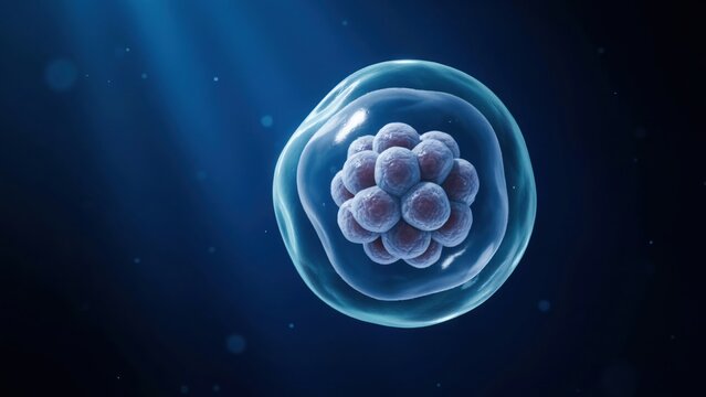 Human embryo cell division process showing blastocyst stage in blue light for fertility science study.