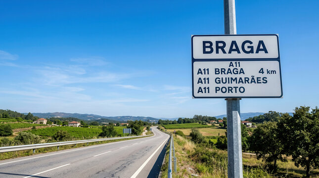 Portugal Highway Signage Indicating Directions To Braga Guimar?es And Porto