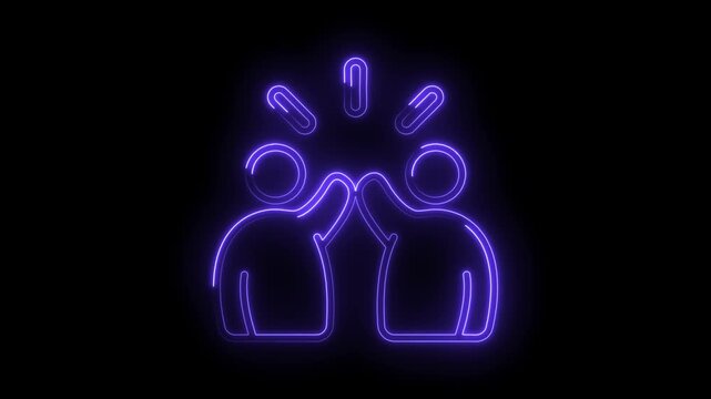Neon high five animation celebrating success and teamwork on black background