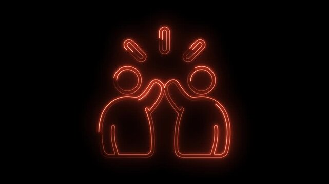 Neon high five animation on black background teamwork and celebration concept
