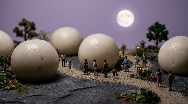 満月の夜に巨大な月見団子の間を歩く人々