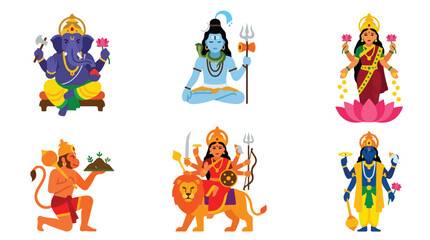 Fototapeta premium Hindu gods vector set. Ganesha, Shiva, Lakshmi, Hanuman, Durga, and Vishnu colorful icons. Indian deities isolated on white background.