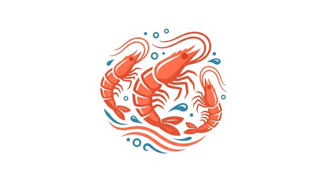 A stylized vector illustration of three vibrant orange shrimps swimming together in a circular pattern surrounded by blue sea waves and water bubbles isolated on a white background