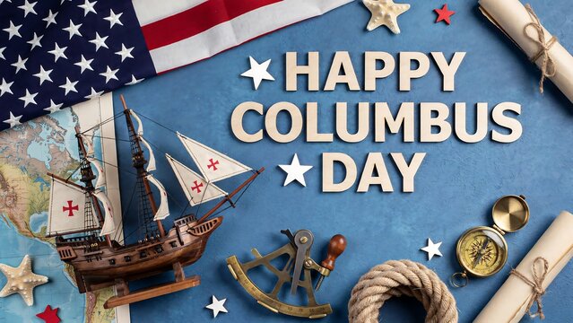 Columbus day greeting graphic features decorative ship and navigational aids arranged with stars and flag on blue texture for commercial holiday banner projects.