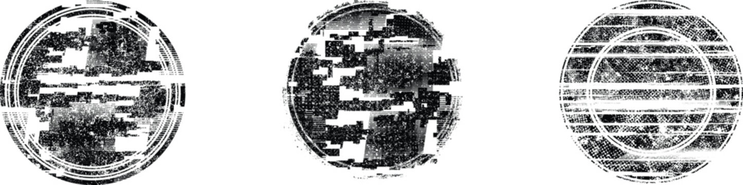 Glitch distorted grunge layer circle . Noise destroyed texture . Trendy defect error shapes . Overlay grunge texture . Distressed effect .Vector shapes with a halftone dots screen print texture.
