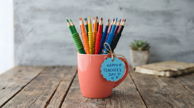 Crayons in a red cup, Celebrate Teacher's National holiday.